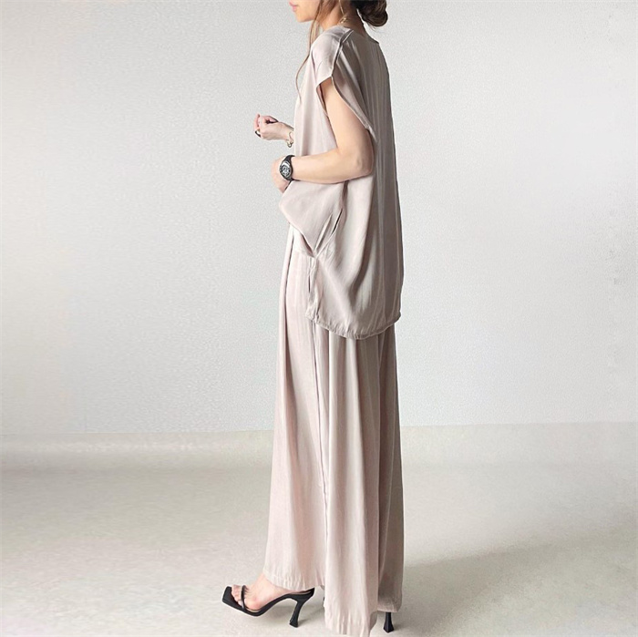 セットアップ レディース 春夏 夏 きれいめ 2点セット フレンチスリーブ スカート スカート スーツ 半袖 クルーネック 無地 お出かけ お呼ばれ 普段着 体型カバー ゆったり ハイウエスト 脚長効果 着瘦せ カジュアル 欧米風 上品