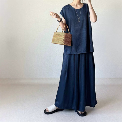 セットアップ レディース 春夏 夏 きれいめ 2点セット フレンチスリーブ スカート スカート スーツ 半袖 クルーネック 無地 お出かけ お呼ばれ 普段着 体型カバー ゆったり ハイウエスト 脚長効果 着瘦せ カジュアル 欧米風 上品