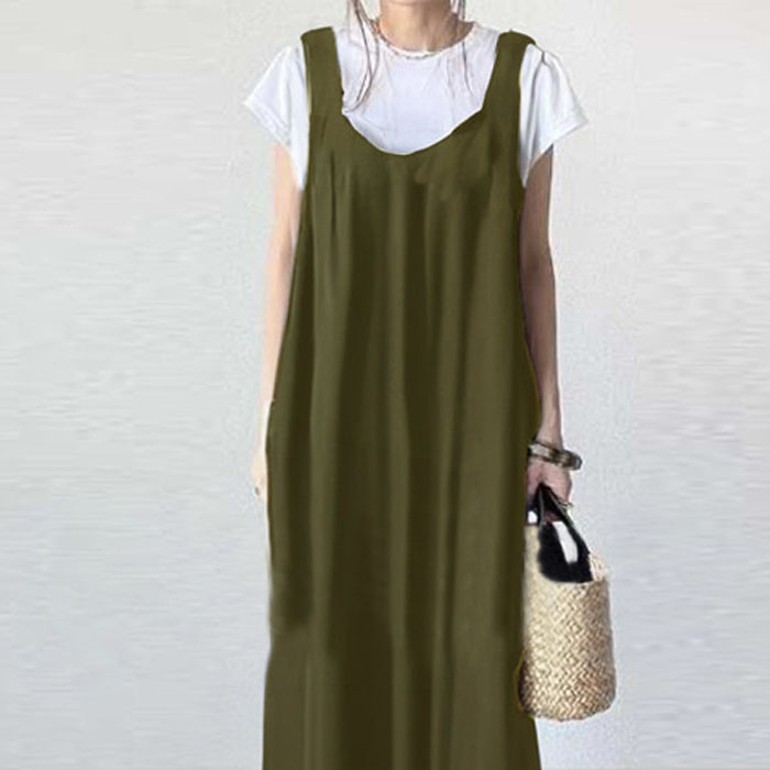 ジャンパースカート 50代 ロング 春 大人 大きいサイズ Vネック オールインワン レディース ロングワンピース ロングベスト ワンピース ジャンスカ ポケット スカート 重ね着 カジュアル 秋冬 きれいめ 大人可愛い 送料無料