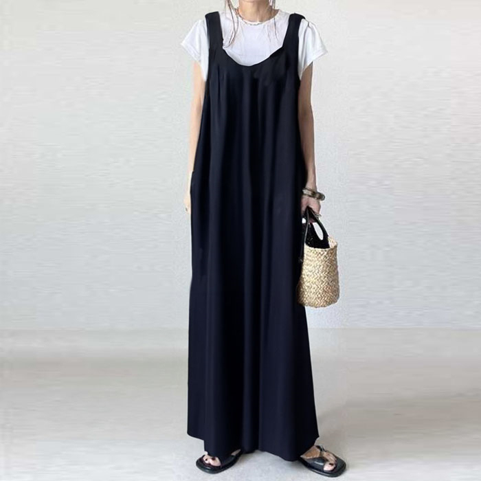 ジャンパースカート 50代 ロング 春 大人 大きいサイズ Vネック オールインワン レディース ロングワンピース ロングベスト ワンピース ジャンスカ ポケット スカート 重ね着 カジュアル 秋冬 きれいめ 大人可愛い 送料無料