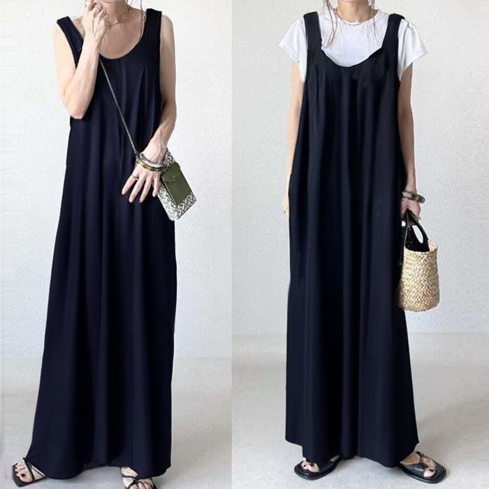 ジャンパースカート 50代 ロング 春 大人 大きいサイズ Vネック オールインワン レディース ロングワンピース ロングベスト ワンピース ジャンスカ ポケット スカート 重ね着 カジュアル 秋冬 きれいめ 大人可愛い 送料無料
