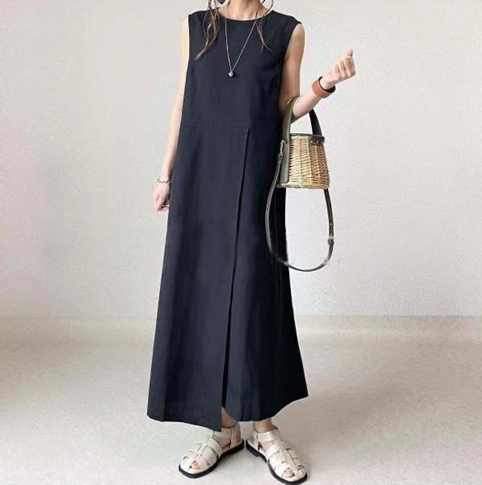 ワンピース 夏 ノースリーブ きれいめ ロング レディース リネン風 二の腕カバー 体型カバー 50代 40代 30代 お洒落 可愛い ベージュ ブラック 黒 リネン風ノースリーブワンピース ロングワンピース Aライン マキシ丈 ゆったり 大人 着痩せ