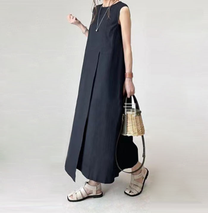 ワンピース 夏 ノースリーブ きれいめ ロング レディース リネン風 二の腕カバー 体型カバー 50代 40代 30代 お洒落 可愛い ベージュ ブラック 黒 リネン風ノースリーブワンピース ロングワンピース Aライン マキシ丈 ゆったり 大人 着痩せ