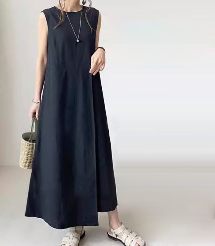 ワンピース 夏 ノースリーブ きれいめ ロング レディース リネン風 二の腕カバー 体型カバー 50代 40代 30代 お洒落 可愛い ベージュ ブラック 黒 リネン風ノースリーブワンピース ロングワンピース Aライン マキシ丈 ゆったり 大人 着痩せ