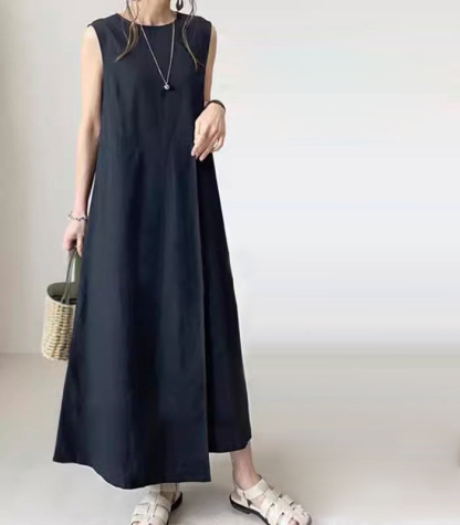 ワンピース 夏 ノースリーブ きれいめ ロング レディース リネン風 二の腕カバー 体型カバー 50代 40代 30代 お洒落 可愛い ベージュ ブラック 黒 リネン風ノースリーブワンピース ロングワンピース Aライン マキシ丈 ゆったり 大人 着痩せ