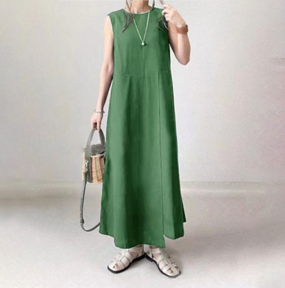 ワンピース 夏 ノースリーブ きれいめ ロング レディース リネン風 二の腕カバー 体型カバー 50代 40代 30代 お洒落 可愛い ベージュ ブラック 黒 リネン風ノースリーブワンピース ロングワンピース Aライン マキシ丈 ゆったり 大人 着痩せ