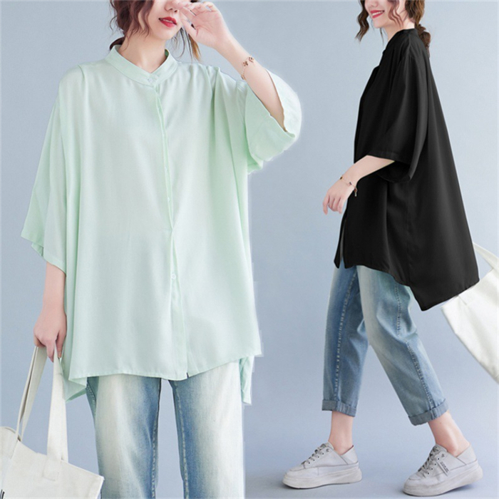 チュニック シャツ 半袖 半袖シャツ 羽織り 立ち襟 ギャザー フレア ロング 前開き ドルマンスリーブ ドロップショルダ 大きいサイズ ゆったり ビングシルエット トップス 春 夏 レディース ロングシャツ 半袖チュニック 大人可愛い