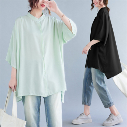 チュニック シャツ 半袖 半袖シャツ 羽織り 立ち襟 ギャザー フレア ロング 前開き ドルマンスリーブ ドロップショルダ 大きいサイズ ゆったり ビングシルエット トップス 春 夏 レディース ロングシャツ 半袖チュニック 大人可愛い