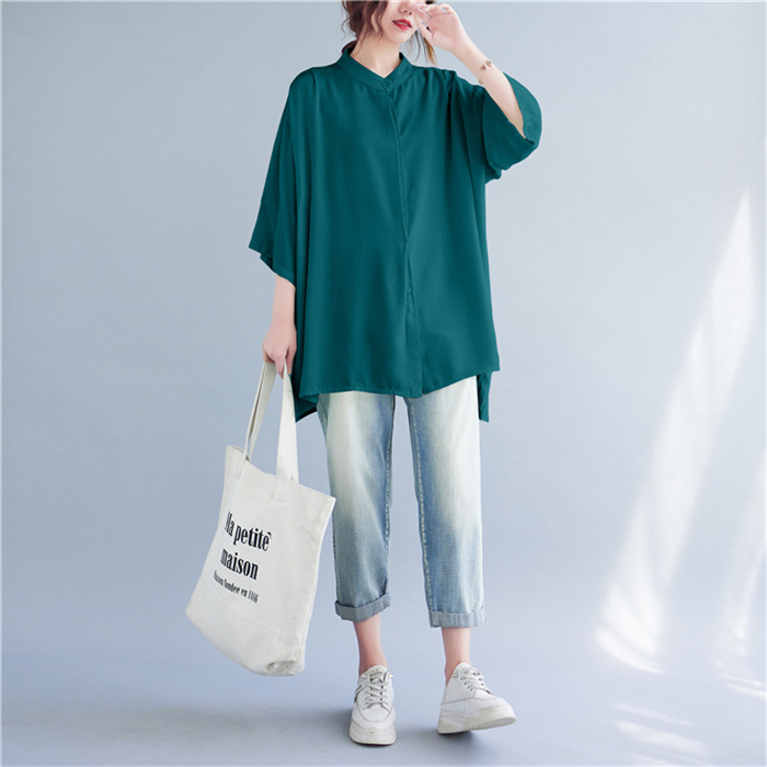 チュニック シャツ 半袖 半袖シャツ 羽織り 立ち襟 ギャザー フレア ロング 前開き ドルマンスリーブ ドロップショルダ 大きいサイズ ゆったり ビングシルエット トップス 春 夏 レディース ロングシャツ 半袖チュニック 大人可愛い