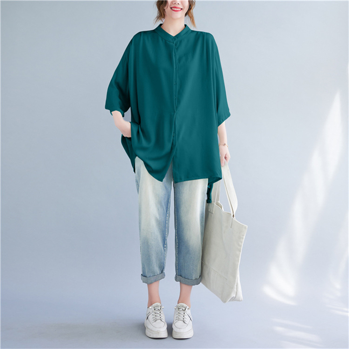 チュニック シャツ 半袖 半袖シャツ 羽織り 立ち襟 ギャザー フレア ロング 前開き ドルマンスリーブ ドロップショルダ 大きいサイズ ゆったり ビングシルエット トップス 春 夏 レディース ロングシャツ 半袖チュニック 大人可愛い