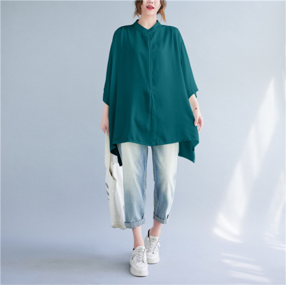 チュニック シャツ 半袖 半袖シャツ 羽織り 立ち襟 ギャザー フレア ロング 前開き ドルマンスリーブ ドロップショルダ 大きいサイズ ゆったり ビングシルエット トップス 春 夏 レディース ロングシャツ 半袖チュニック 大人可愛い