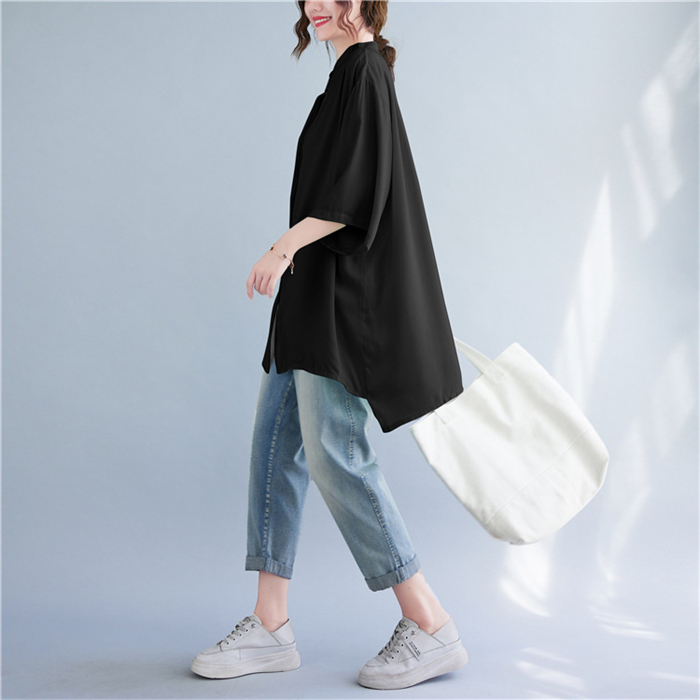 チュニック シャツ 半袖 半袖シャツ 羽織り 立ち襟 ギャザー フレア ロング 前開き ドルマンスリーブ ドロップショルダ 大きいサイズ ゆったり ビングシルエット トップス 春 夏 レディース ロングシャツ 半袖チュニック 大人可愛い