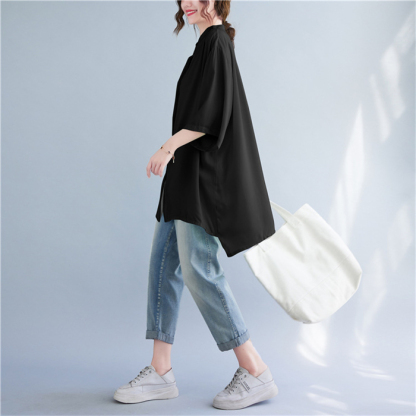 チュニック シャツ 半袖 半袖シャツ 羽織り 立ち襟 ギャザー フレア ロング 前開き ドルマンスリーブ ドロップショルダ 大きいサイズ ゆったり ビングシルエット トップス 春 夏 レディース ロングシャツ 半袖チュニック 大人可愛い