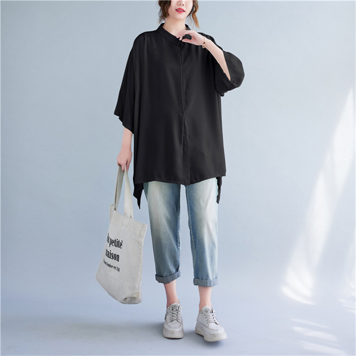 チュニック シャツ 半袖 半袖シャツ 羽織り 立ち襟 ギャザー フレア ロング 前開き ドルマンスリーブ ドロップショルダ 大きいサイズ ゆったり ビングシルエット トップス 春 夏 レディース ロングシャツ 半袖チュニック 大人可愛い