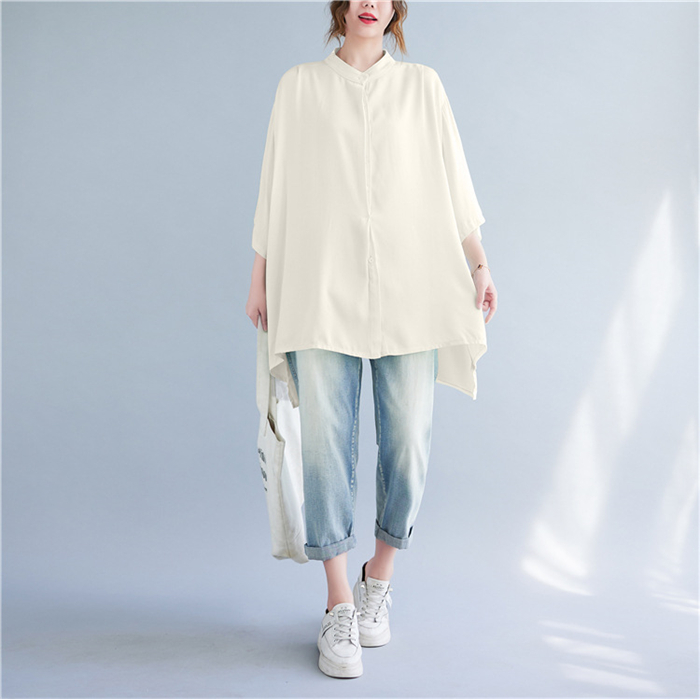 チュニック シャツ 半袖 半袖シャツ 羽織り 立ち襟 ギャザー フレア ロング 前開き ドルマンスリーブ ドロップショルダ 大きいサイズ ゆったり ビングシルエット トップス 春 夏 レディース ロングシャツ 半袖チュニック 大人可愛い
