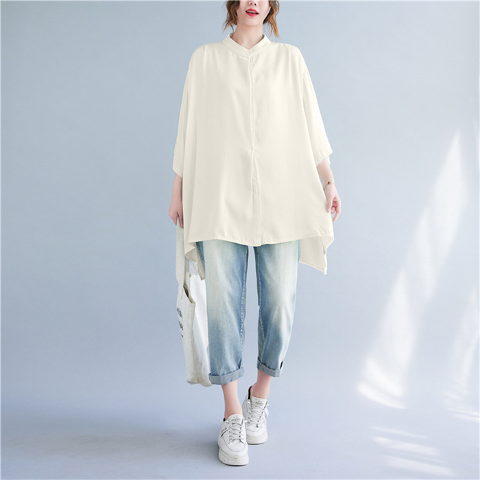 チュニック シャツ 半袖 半袖シャツ 羽織り 立ち襟 ギャザー フレア ロング 前開き ドルマンスリーブ ドロップショルダ 大きいサイズ ゆったり ビングシルエット トップス 春 夏 レディース ロングシャツ 半袖チュニック 大人可愛い