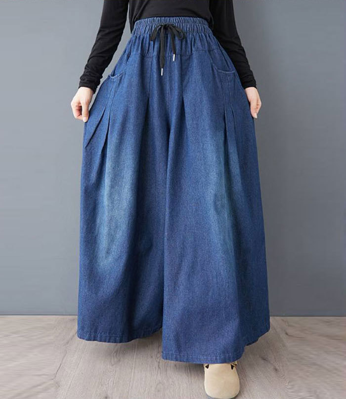 スカーチョ デニム ジーンズ ロングパンツ ワイドパンツ デニム デニムパンツ デニムスカーチョ レディース きれいめ 股上深め 大きいサイズ 春夏秋冬 フレアパンツ ゆったりシルエット おしゃれ ゴムウエスト イージーパンツ