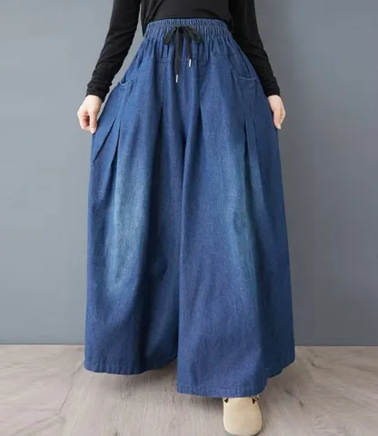 ジーンズ ロングパンツ スカーチョ デニム ワイドパンツ デニム イージーパンツ デニムパンツ デニムスカーチョ レディース きれいめ 股上深め 大きいサイズ 春夏秋冬 フレアパンツ ゆったりシルエット おしゃれ ゴムウエスト 体型カバー 着痩せ 美脚 可愛い 30 40 50代
