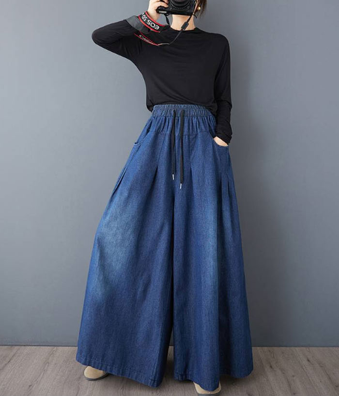 ジーンズ ロングパンツ スカーチョ デニム ワイドパンツ デニム イージーパンツ デニムパンツ デニムスカーチョ レディース きれいめ 股上深め 大きいサイズ 春夏秋冬 フレアパンツ ゆったりシルエット おしゃれ ゴムウエスト 体型カバー 着痩せ 美脚 可愛い 30 40 50代