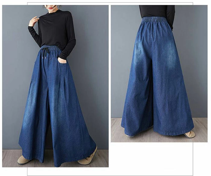 ジーンズ ロングパンツ スカーチョ デニム ワイドパンツ デニム イージーパンツ デニムパンツ デニムスカーチョ レディース きれいめ 股上深め 大きいサイズ 春夏秋冬 フレアパンツ ゆったりシルエット おしゃれ ゴムウエスト 体型カバー 着痩せ 美脚 可愛い 30 40 50代