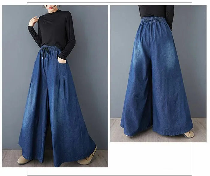 ジーンズ ロングパンツ スカーチョ デニム ワイドパンツ デニム イージーパンツ デニムパンツ デニムスカーチョ レディース きれいめ 股上深め 大きいサイズ 春夏秋冬 フレアパンツ ゆったりシルエット おしゃれ ゴムウエスト 体型カバー 着痩せ 美脚 可愛い 30 40 50代