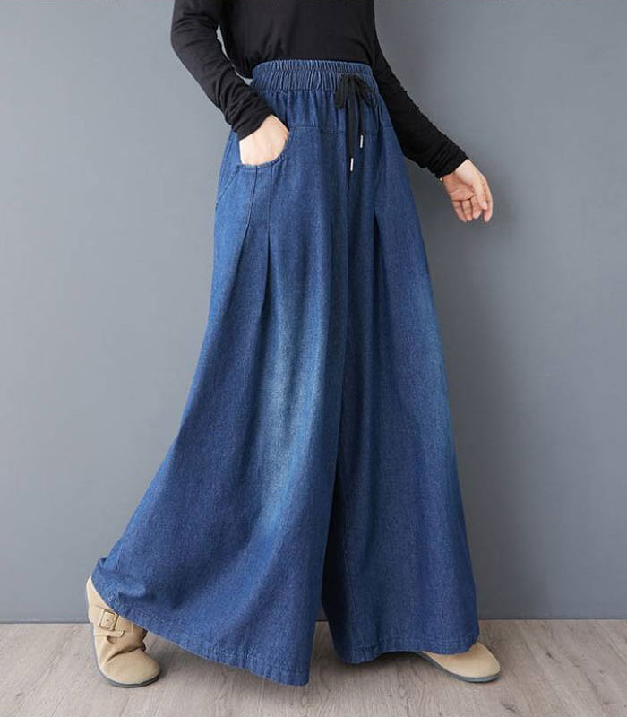 スカーチョ デニム ジーンズ ロングパンツ ワイドパンツ デニム デニムパンツ デニムスカーチョ レディース きれいめ 股上深め 大きいサイズ 春夏秋冬 フレアパンツ ゆったりシルエット おしゃれ ゴムウエスト イージーパンツ