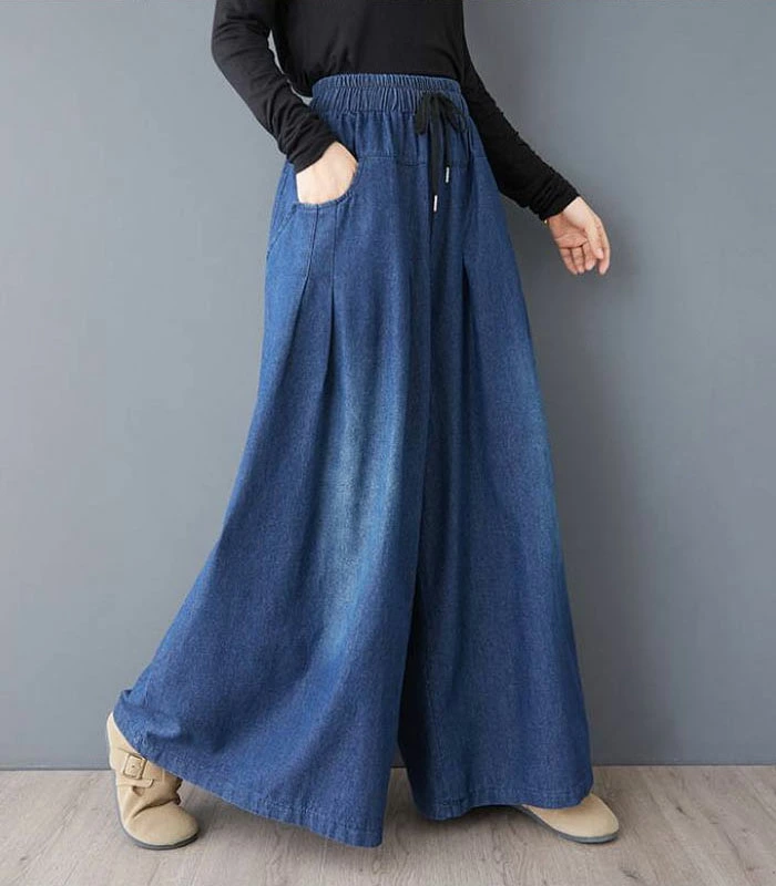 ジーンズ ロングパンツ スカーチョ デニム ワイドパンツ デニム イージーパンツ デニムパンツ デニムスカーチョ レディース きれいめ 股上深め 大きいサイズ 春夏秋冬 フレアパンツ ゆったりシルエット おしゃれ ゴムウエスト 体型カバー 着痩せ 美脚 可愛い 30 40 50代