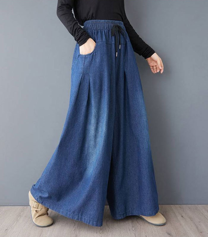 スカーチョ デニム ジーンズ ロングパンツ ワイドパンツ デニム デニムパンツ デニムスカーチョ レディース きれいめ 股上深め 大きいサイズ 春夏秋冬 フレアパンツ ゆったりシルエット おしゃれ ゴムウエスト イージーパンツ