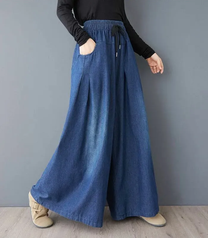 ジーンズ ロングパンツ スカーチョ デニム ワイドパンツ デニム イージーパンツ デニムパンツ デニムスカーチョ レディース きれいめ 股上深め 大きいサイズ 春夏秋冬 フレアパンツ ゆったりシルエット おしゃれ ゴムウエスト 体型カバー 着痩せ 美脚 可愛い 30 40 50代