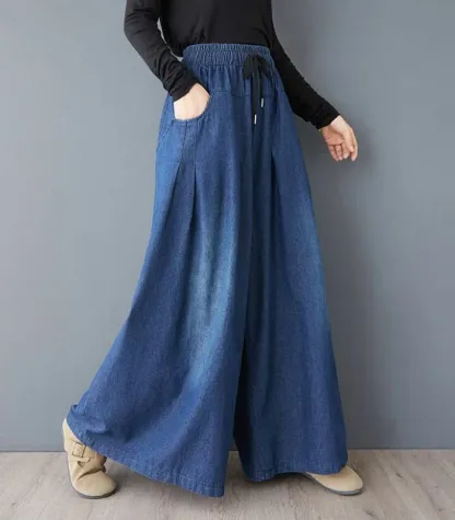 ジーンズ ロングパンツ スカーチョ デニム ワイドパンツ デニム イージーパンツ デニムパンツ デニムスカーチョ レディース きれいめ 股上深め 大きいサイズ 春夏秋冬 フレアパンツ ゆったりシルエット おしゃれ ゴムウエスト 体型カバー 着痩せ 美脚 可愛い 30 40 50代
