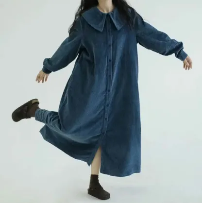 ロングワンピース 前開き コーデュロイ レディース ロングカーディガン 長袖 ゆったりシルエット 可愛い ワンピース マキシワンピース ロング丈 大きいサイズ 体型カバー ぽわん袖 あったか 暖かい ゆったり カジュアル 大人 着痩せ 30 40 50代 春 秋 冬