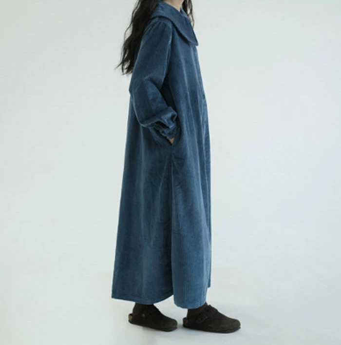 ロングワンピース 前開き コーデュロイ レディース ロングカーディガン 長袖 ゆったりシルエット 可愛い ワンピース マキシワンピース ロング丈 大きいサイズ 体型カバー ぽわん袖 あったか 暖かい ゆったり カジュアル 大人 着痩せ 30 40 50代 春 秋 冬