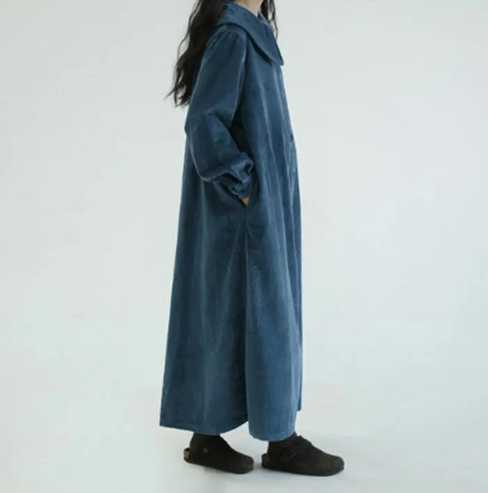 ロングワンピース 前開き コーデュロイ レディース ロングカーディガン 長袖 ゆったりシルエット 可愛い ワンピース マキシワンピース ロング丈 大きいサイズ 体型カバー ぽわん袖 あったか 暖かい ゆったり カジュアル 大人 着痩せ 30 40 50代 春 秋 冬