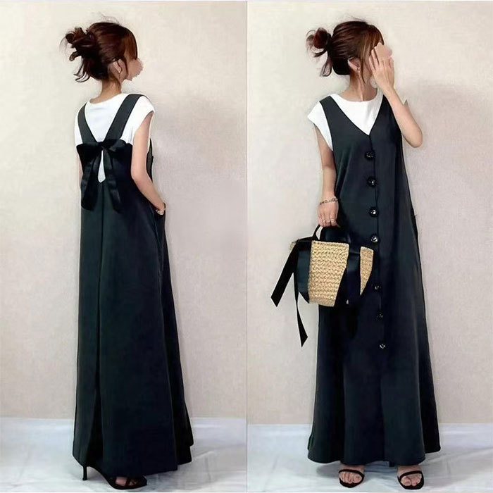 ジャンパースカート リボン バックリボン ジャンスカ オールインワン 後ろリボン キャミワンピ レディース スカート 楽ちん 体型カバー ボトムス 春夏 綿混 マタニティ ワンピース きれいめ オフィス 仕事