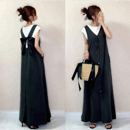 ジャンパースカート リボン バックリボン ジャンスカ オールインワン 後ろリボン キャミワンピ レディース スカート 楽ちん 体型カバー ボトムス 春夏 綿混 マタニティ ワンピース きれいめ オフィス 仕事