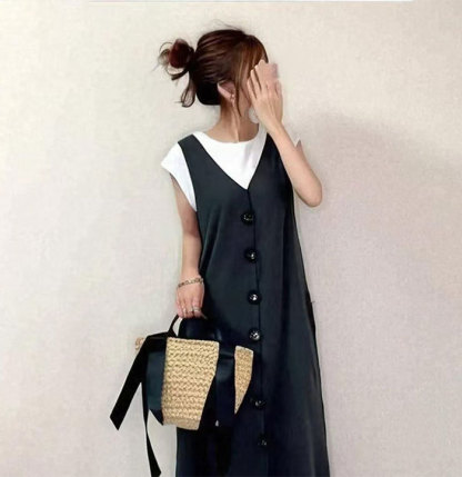 ジャンパースカート リボン バックリボン ジャンスカ オールインワン 後ろリボン キャミワンピ レディース スカート 楽ちん 体型カバー ボトムス 春夏 綿混 マタニティ ワンピース きれいめ オフィス 仕事