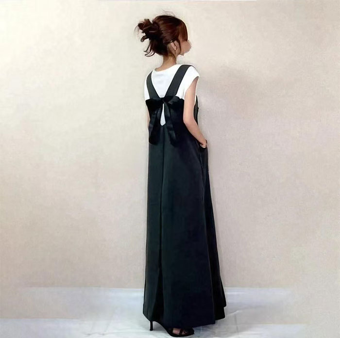 ジャンパースカート リボン バックリボン ジャンスカ オールインワン 後ろリボン キャミワンピ レディース スカート 楽ちん 体型カバー ボトムス 春夏 綿混 マタニティ ワンピース きれいめ オフィス 仕事