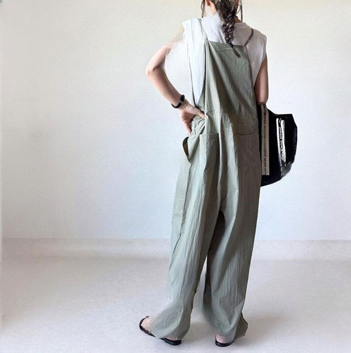 サロペット オールインワン レディース ワイドパンツ サラサラ きれいめ 黒 大きめ 薄め ノースリーブ 無地 オーバーオール ロング ワイド シンプル ポケット 楽ちん カジュアル 体型カバー 春夏 きれいめ