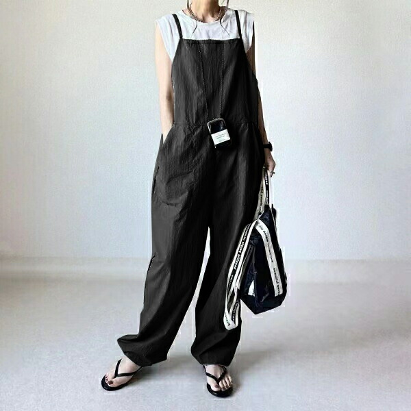 サロペット オールインワン レディース ワイドパンツ サラサラ きれいめ 黒 大きめ 薄め ノースリーブ 無地 オーバーオール ロング ワイド シンプル ポケット 楽ちん カジュアル 体型カバー 春夏 きれいめ