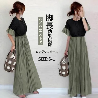 シフォン ワンピース ロングワンピース シフォンワンピース レディース 無地 半袖 きれいめ 体型カバー ハイウエスト 脚長効果  ロングワンピ マキシ丈 大きいサイズ 涼しげ Aライン 春 夏 エスニッ 大人可愛い ゆったり 送料無料
