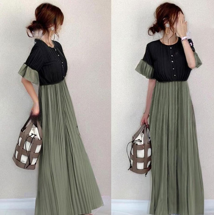 シフォン ワンピース ロングワンピース シフォンワンピース レディース 無地 半袖 きれいめ 体型カバー ハイウエスト 脚長効果  ロングワンピ マキシ丈 大きいサイズ 涼しげ Aライン 春 夏 エスニッ 大人可愛い ゆったり 送料無料