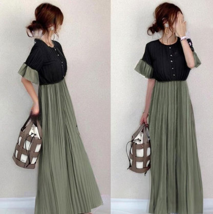 シフォン ワンピース ロングワンピース シフォンワンピース レディース 無地 半袖 きれいめ 体型カバー ハイウエスト 脚長効果  ロングワンピ マキシ丈 大きいサイズ 涼しげ Aライン 春 夏 エスニッ 大人可愛い ゆったり 送料無料