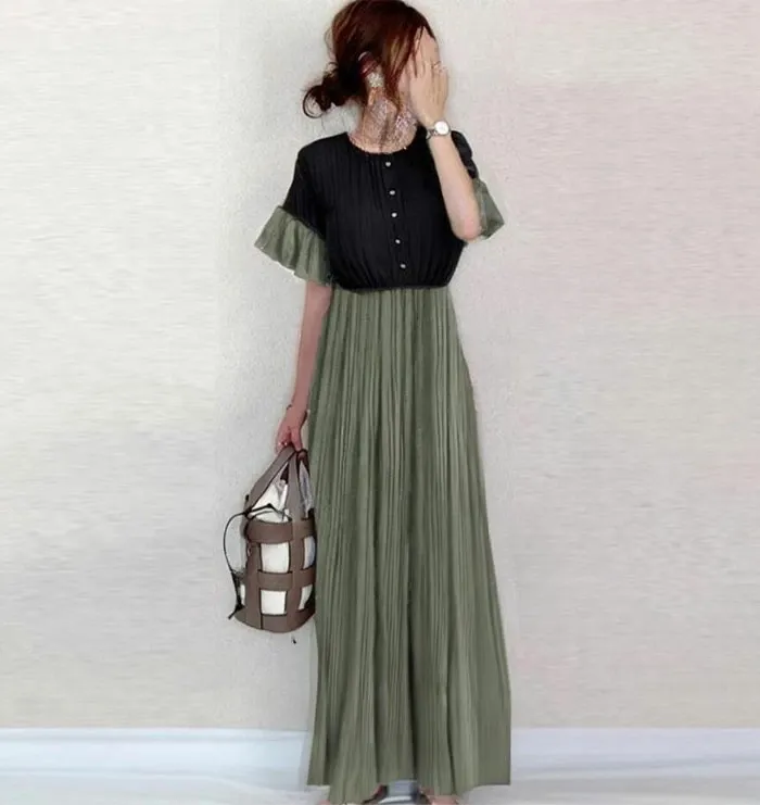 シフォン ワンピース ロングワンピース シフォンワンピース レディース 無地 半袖 きれいめ 体型カバー ハイウエスト 脚長効果  ロングワンピ マキシ丈 大きいサイズ 涼しげ Aライン 春 夏 エスニッ 大人可愛い ゆったり 送料無料