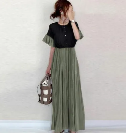 シフォン ワンピース ロングワンピース シフォンワンピース レディース 無地 半袖 きれいめ 体型カバー ハイウエスト 脚長効果  ロングワンピ マキシ丈 大きいサイズ 涼しげ Aライン 春 夏 エスニッ 大人可愛い ゆったり 送料無料