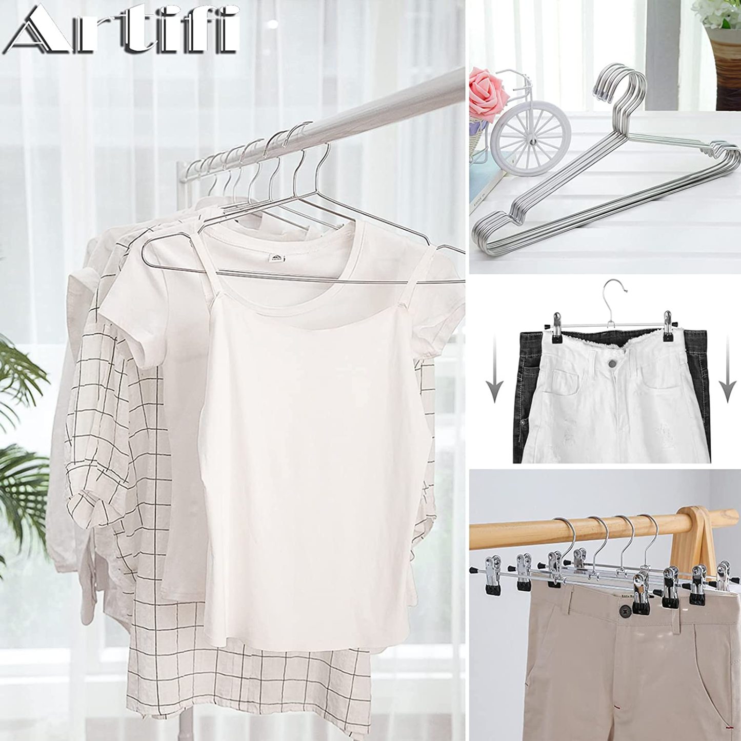 ハンガー ステンレス ステンレスハンガー 40本 ズボンハンガー 10本 ズボン スカート 跡がつかない 肩 滑らない 頑丈 錆びにくい 曲がらない スリムタイプ 省スペース 収納便利 乾湿両用 かさばらない