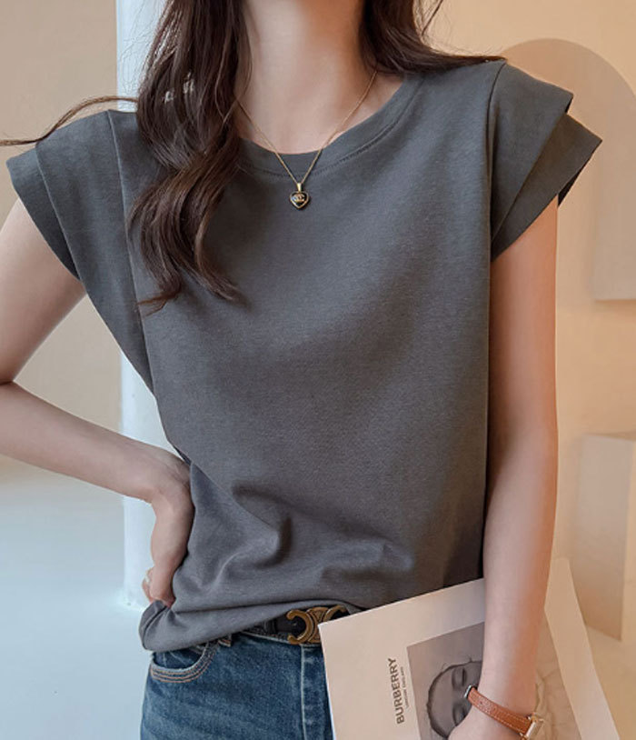 Tシャツ レディース 着痩せ 華奢見え 半袖 フレンチスリーブ 無地 カジュアル シンプル トレンド 二の腕カバー Uネック ラウンドネック トップス ゆったり オーバーサイズ ストレッチ 綿混 柔らかい 大人 可愛い