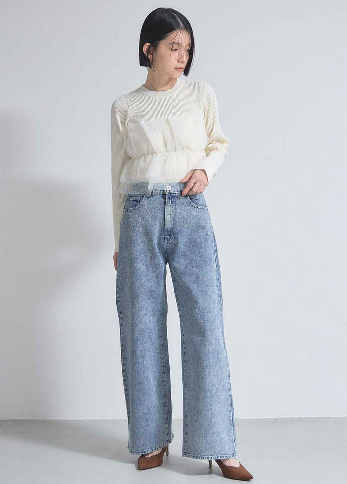 セーター ニットトップス カットソー レディース フリル 胸チュール ニットセーター プルオーバー チュール飾り 秋 冬 春 ゆるニット 長袖 可愛い 無地 シンプル きれいめ フリーサイズ ゆったり 体型カバー