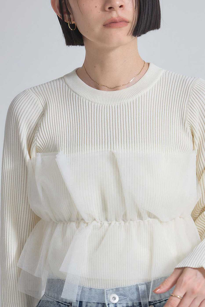 セーター ニットトップス カットソー レディース フリル 胸チュール ニットセーター プルオーバー チュール飾り 秋 冬 春 ゆるニット 長袖 可愛い 無地 シンプル きれいめ フリーサイズ ゆったり 体型カバー