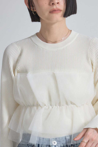セーター ニットトップス カットソー レディース フリル 胸チュール ニットセーター プルオーバー チュール飾り 秋 冬 春 ゆるニット 長袖 可愛い 無地 シンプル きれいめ フリーサイズ ゆったり 体型カバー