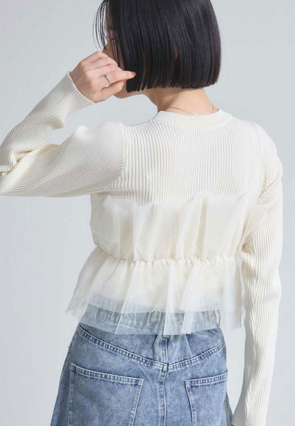 セーター ニットトップス カットソー レディース フリル 胸チュール ニットセーター プルオーバー チュール飾り 秋 冬 春 ゆるニット 長袖 可愛い 無地 シンプル きれいめ フリーサイズ ゆったり 体型カバー